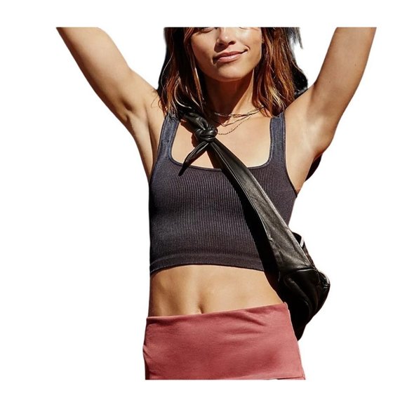 FREE PEOPLE MOVEMENT HAPPINESS DISTRESSED BLACK SQUARE NECK CROP SZ:M/L … - Picture 2 of 12
